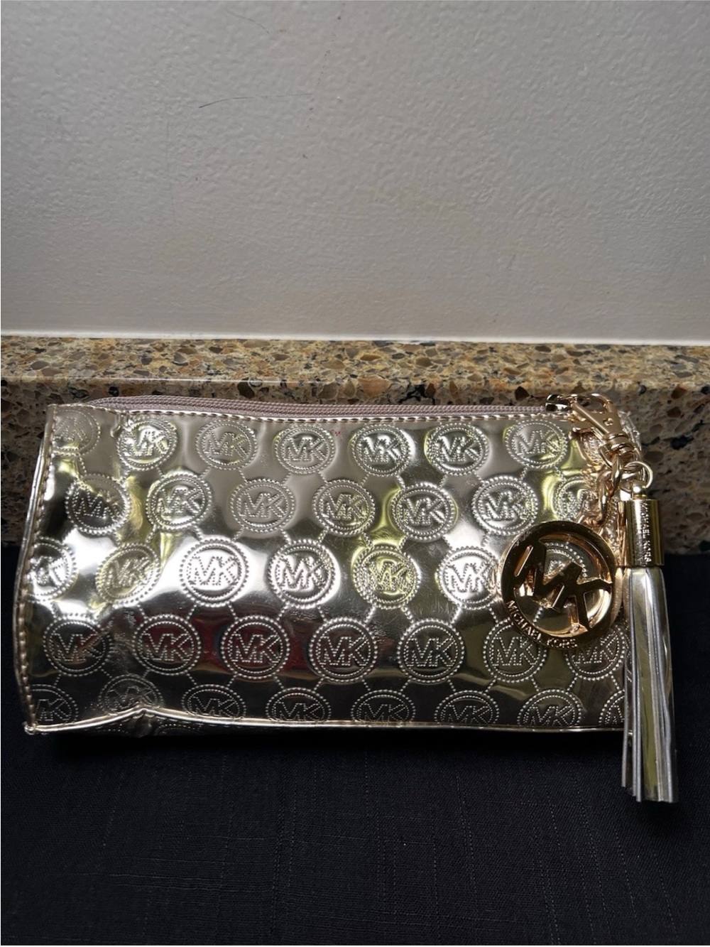 Michael Kors Gold Logo Embossed Wristlet Clutch Cosmetic Bag, Tassel & Charm 8x5